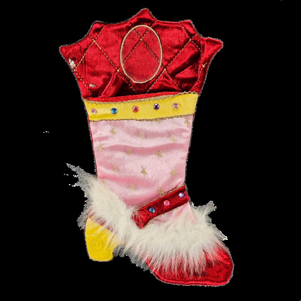 Velvet Christmas Stocking Red Jeweled Boot Pink Gold Trim Victorian Princess 17"